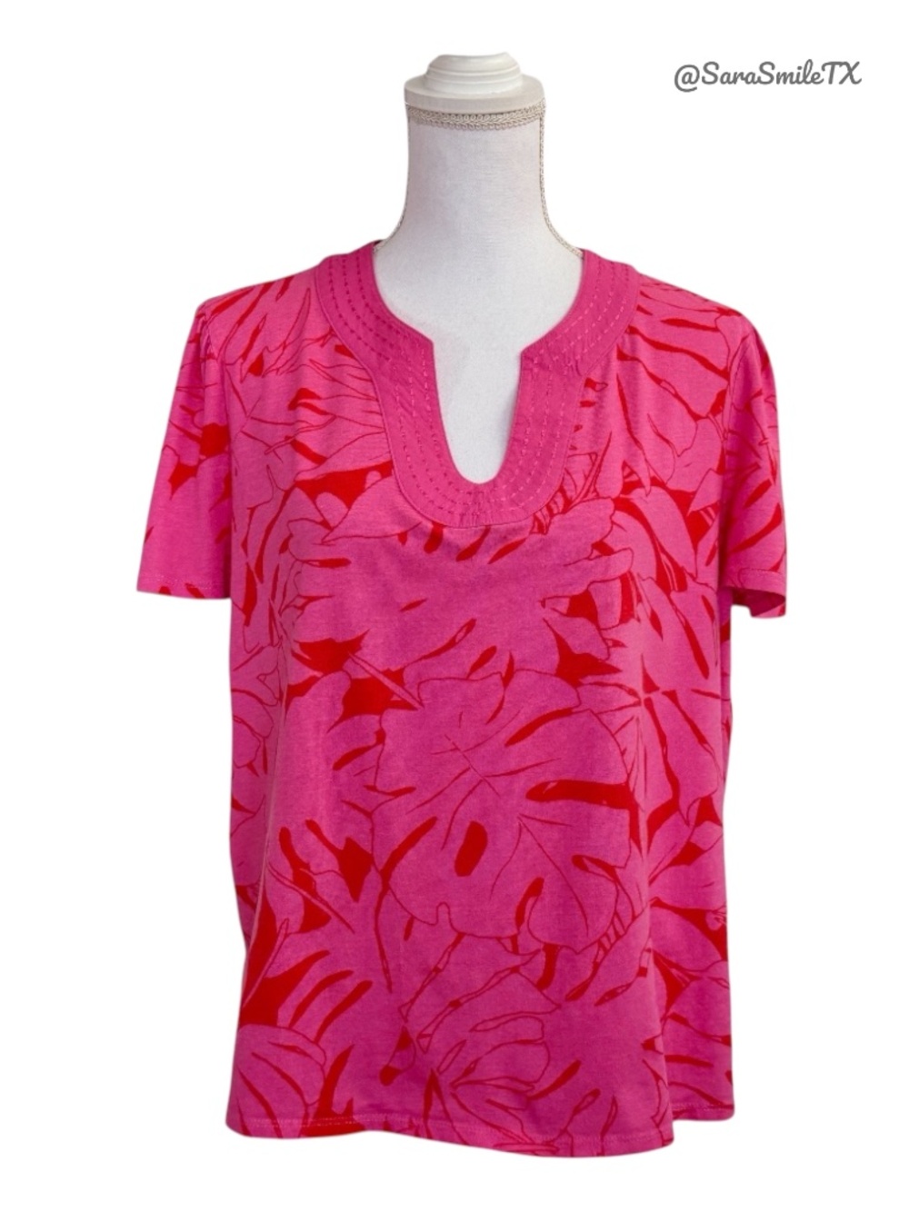 RAFAELLA Red & Hot Pink Palm Print Short Sleeve Top